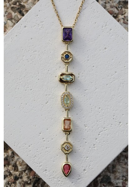 7 Elementli Renkli Taşlı Özel Y Tasarım Kadın Çelik Vip Kolye fırsatları