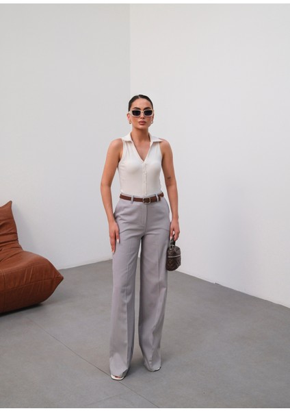 Kadın Kemerli ve Dökümlü Keten Pantolon (Kemer Dahildir)