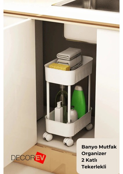 Çok Amaçlı Raf Banyo ve Mutfak Organizer 2 Katlı Düzenleyici (Tekerli) Beyaz