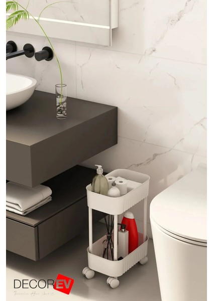Çok Amaçlı Raf Banyo ve Mutfak Organizer 2 Katlı Düzenleyici (Tekerli) Beyaz