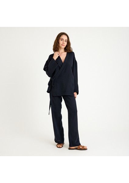%100 Pamuklu Dokuma Içten Bağlamalı Müslin Kimono-Pantolon Alt Üst Takım