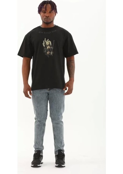 Unisex Oversize Baskılı Bisiklet Yaka T-Shirt - Siyah