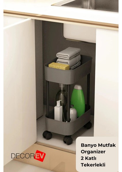 Çok Amaçlı Raf Banyo ve Mutfak Organizer 2 Katlı Düzenleyici (Tekerli) Antrasit