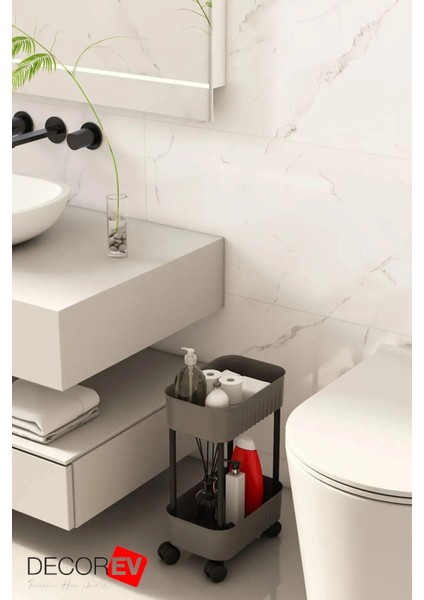 Çok Amaçlı Raf Banyo ve Mutfak Organizer 2 Katlı Düzenleyici (Tekerli) Antrasit