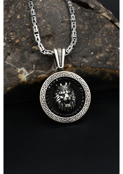 Grek Desenli Kral Taclı Aslan Figürlü 925 Ayar Gümüş Kolye Kral Zincir 2mm 901862