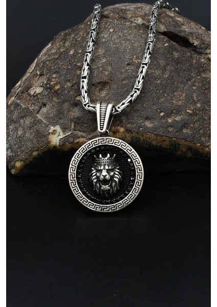 Grek Desenli Kral Taclı Aslan Figürlü 925 Ayar Gümüş Kolye Kral Zincir 2mm 901862 fiyatları