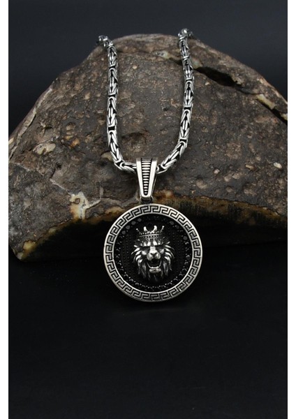 Grek Desenli Kral Taclı Aslan Figürlü 925 Ayar Gümüş Kolye Kral Zincir 2mm 901862 modelleri