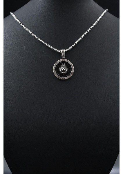 Grek Desenli Kral Taclı Aslan Figürlü 925 Ayar Gümüş Kolye Kral Zincir 2mm 901862 fırsatları