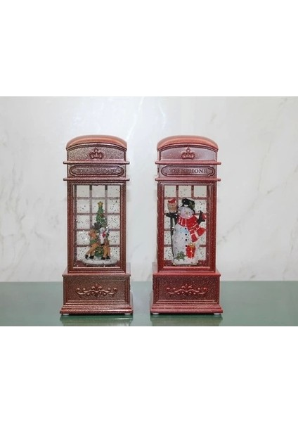 Telefon Kulübesi Tasarımlı Yılbaşı Temalı Işıklı Müzikli Kar Küresi Model 2