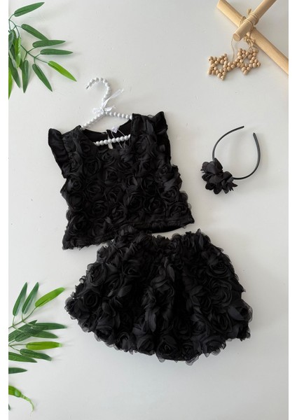 3 Boyutlu Gül Desenli Kız Çocuk Penye etekli takım - Siyah
