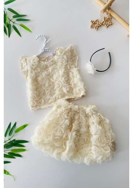 3 Boyutlu Gül Desenli Kız Çocuk Penye etekli takım - Krem