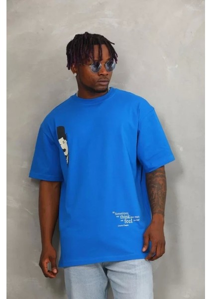 Unisex Oversize Baskılı Bisiklet Yaka T-Shirt - Mavi