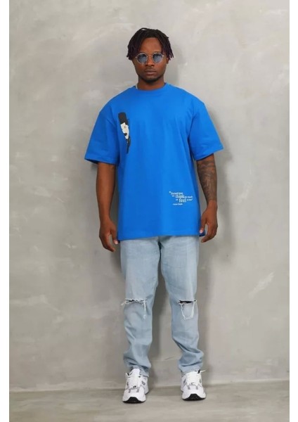 Unisex Oversize Baskılı Bisiklet Yaka T-Shirt - Mavi