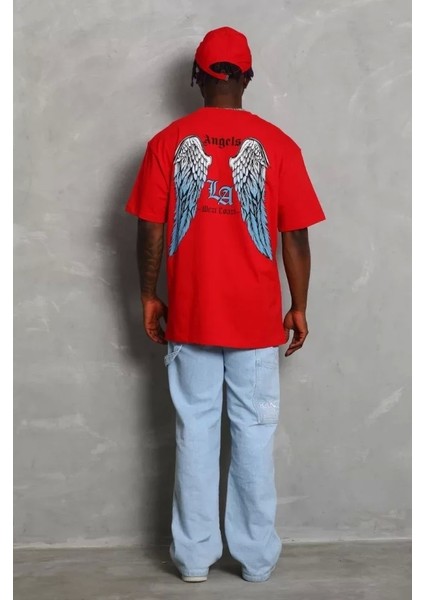 Unisex Oversize Baskılı Bisiklet Yaka T-Shirt - Kırmızı