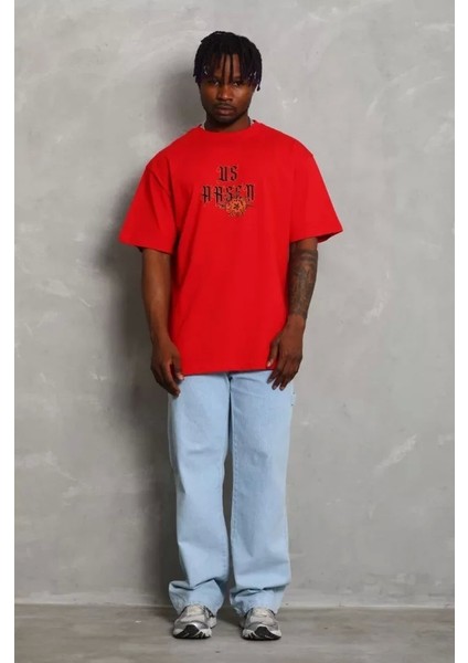 Unisex Oversize Baskılı Bisiklet Yaka T-Shirt - Kırmızı