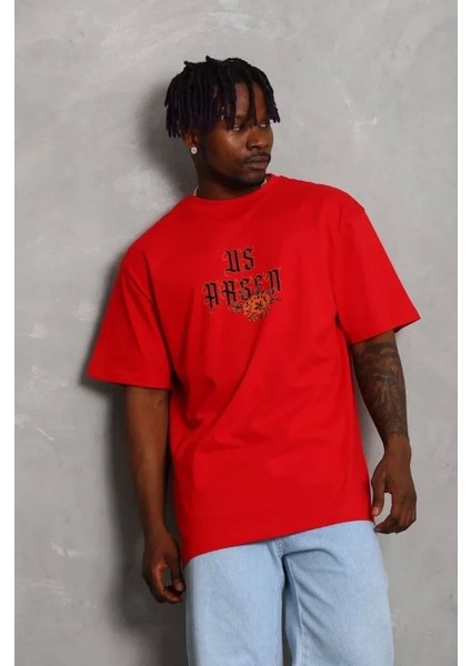 Unisex Oversize Baskılı Bisiklet Yaka T-Shirt - Kırmızı