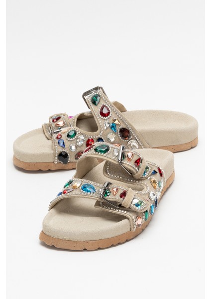 Kadın Taşlı Çift Bantlı Şık Terlik Zy 8028 Bej fırsatları