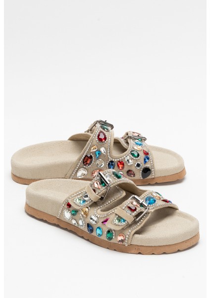 Kadın Taşlı Çift Bantlı Şık Terlik Zy 8028 Bej indirimleri