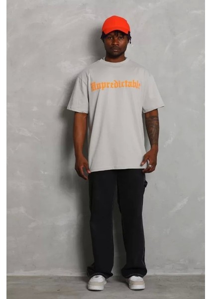 Unisex Oversize Baskılı Bisiklet Yaka T-Shirt - Gri