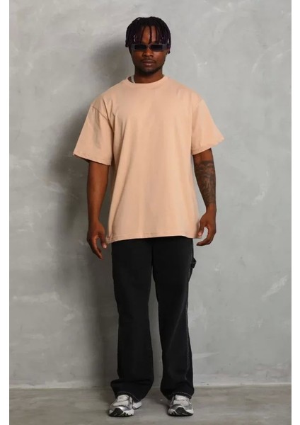 Unisex Oversize Düz Bisiklet Yaka T-Shirt - Bej