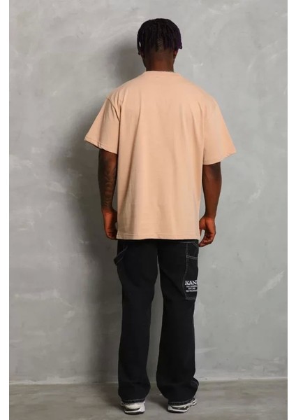 Unisex Oversize Düz Bisiklet Yaka T-Shirt - Bej