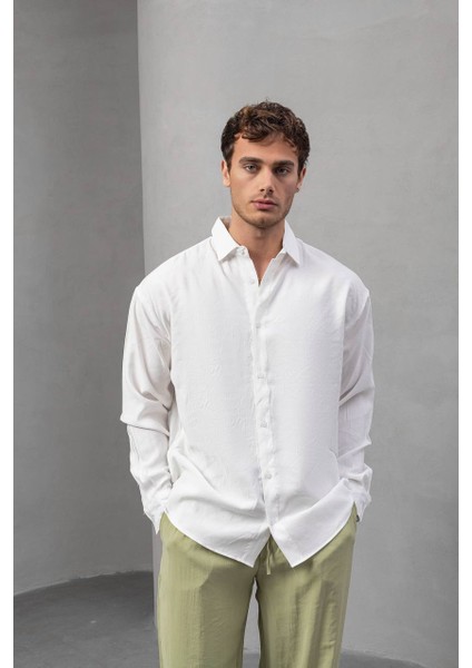 Erkek Yarım Oversize Kesim Keten Görünümlü Gömlek