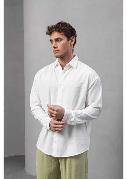 Erkek Yarım Oversize Kesim Keten Görünümlü Gömlek