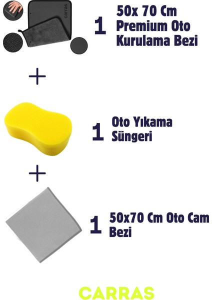 Auto Lüks Kurulama Seti ( Premium Kurulama Bezi 50X70 CM-750GSM + Cam Bezi 50X70 cm + Sünger)