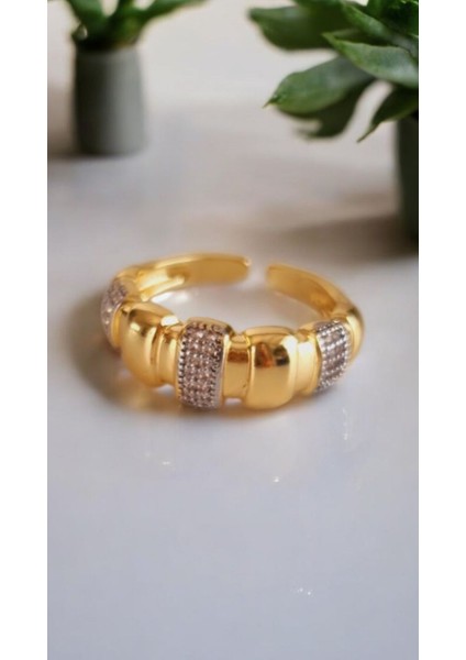 Premium Seri Paslanmaz Çelik Gold Taşlı Yüzük