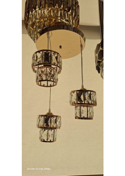 Gold Kristal Taşlı Modern 3'lü Sarkıt Avize – Lüks Tasarım