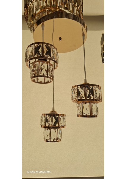 Gold Kristal Taşlı Modern 3'lü Sarkıt Avize – Lüks Tasarım