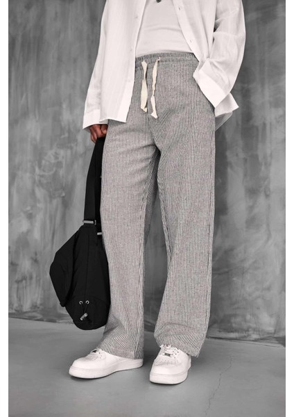 Erkek Beli Lastikli Çizgili Baggy Fit Pantolon Mavi