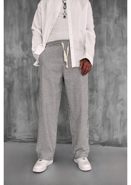 Erkek Beli Lastikli Çizgili Baggy Fit Pantolon Mavi modelleri