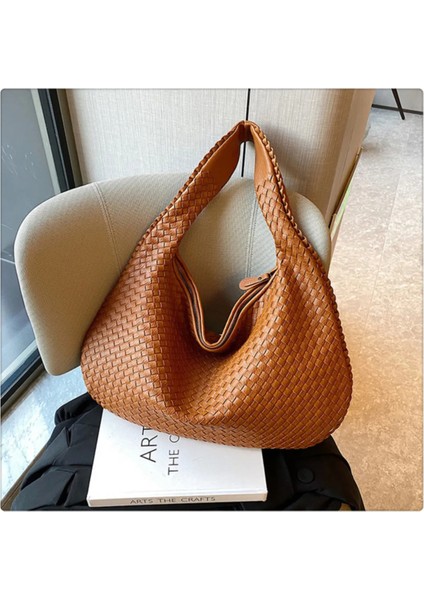 Taba Renk Hobo Model Kadın Çanta Örgü Desenli Şık Tasarım