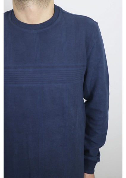 Fistan Store Erkek Indigo Desenli Spor Kesim Normal Kalıp Bisiklet Yaka Selanik Kumaşlı Kışlık Kazak