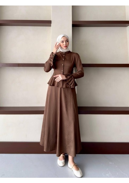 Çiçek Desenli Jakar Kumaş Lopez Model Etekli Tesettür Takım