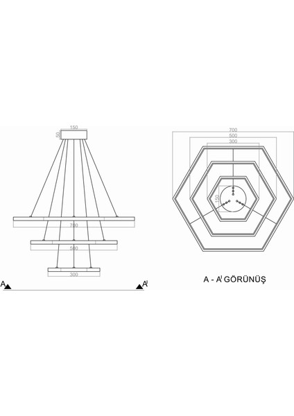 Lost Altıgen Triple Sarkıt LED Avize 70-50-30 Cm