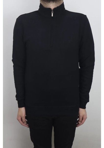 Fistan Store Erkek Siyah Düz Normal Kalıp Yakası Fermuarlı Hakim Yaka Selanik Kumaşlı Kışlık Kazak