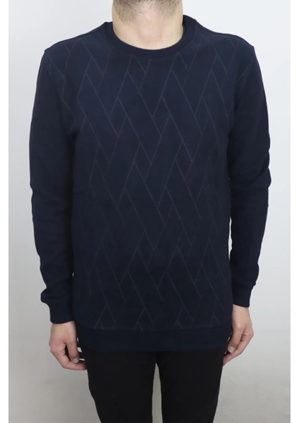 Fistan Store Erkek Lacivert Desenli Normal Kalıp Bisiklet Yaka Selanik Kumaşlı Kışlık Kazak