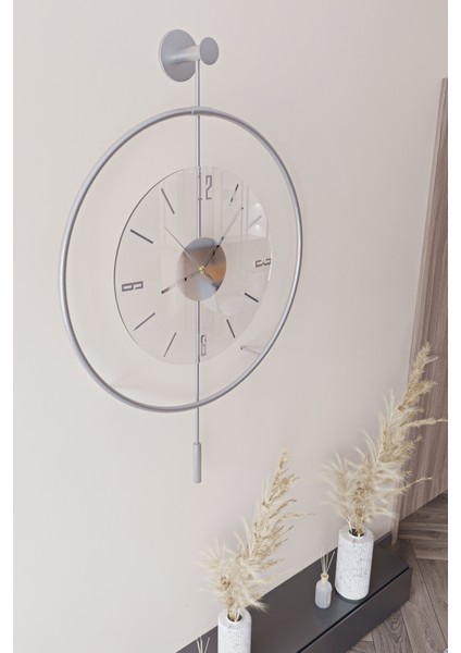 Büyük Boy(50*75 Cm) Mat Gümüş Luxry Şeffaf Camlı ,modern Dekoratif Metal Duvar Saati (Fırın Boya) modelleri