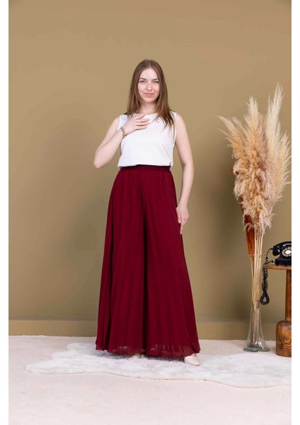Beli Lastikli Pliseli Şifon Pantolon 6030-BORDO