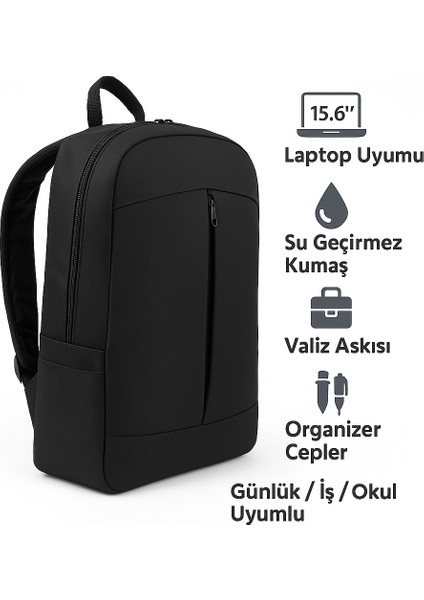 Fashion 15.6" Notebook Bilgisayar Laptop Sırt Çantası Su Geçirmez Kumaş ve Fermuarlı Siyah Siyah Laptop Çantası 1