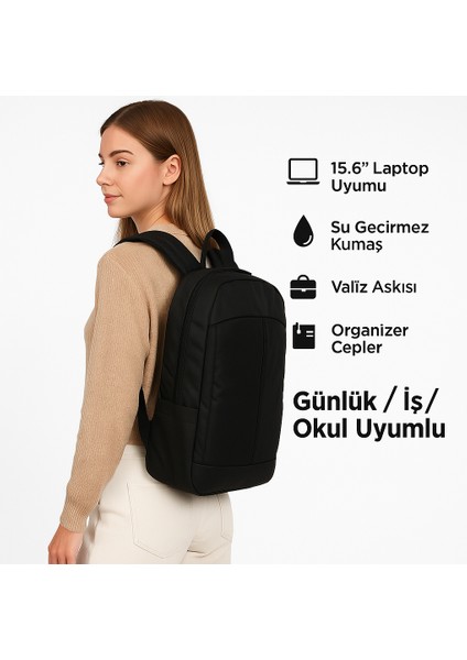Fashion 15.6" Notebook Bilgisayar Laptop Sırt Çantası Su Geçirmez Kumaş ve Fermuarlı Siyah Siyah Laptop Çantası 1