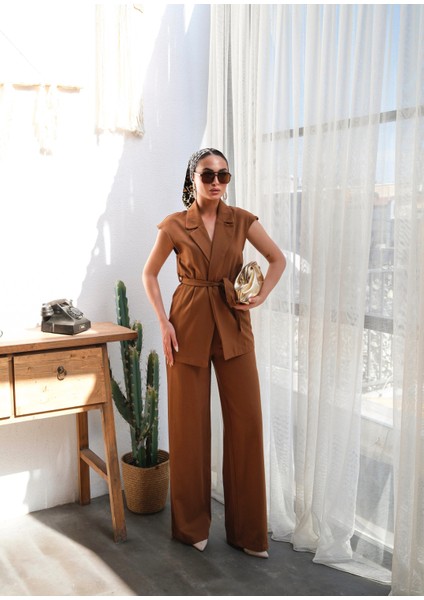 Kadın Keten Kuşaklı Yelek ve Pantolon Takım