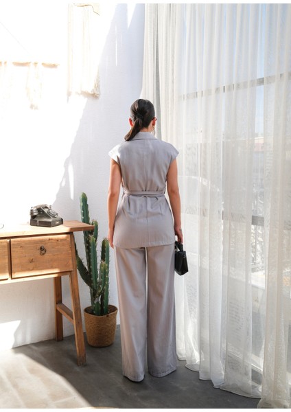 Kadın Keten Kuşaklı Yelek ve Pantolon Takım fiyatları