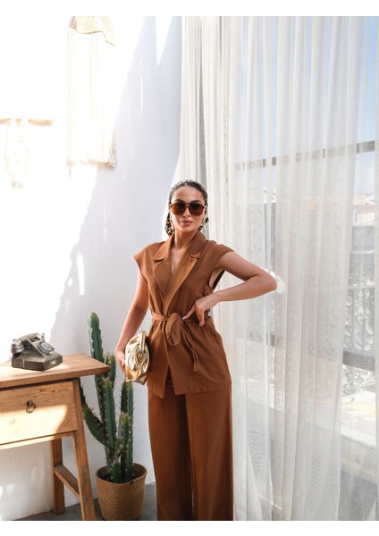 Kadın Keten Kuşaklı Yelek ve Pantolon Takım fırsatları