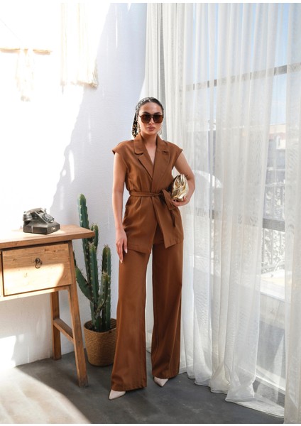 Kadın Keten Kuşaklı Yelek ve Pantolon Takım indirimleri