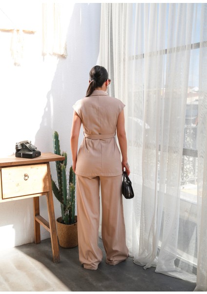 Kadın Keten Kuşaklı Yelek ve Pantolon Takım fiyatları