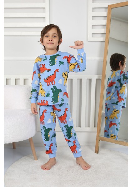 Dinozor Desenli Erkek Çocuk Pijama Takımı Yeşil 3-8 Yaş