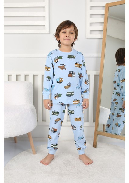 Transportation Veichle Desenli Çocuk Pijama Takımı (Alt-Üst) Bej 3-8 Yaş